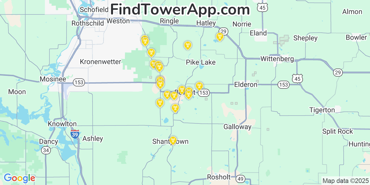 Map showing the 20 primary cell tower locations detected in Bevent, Wisconsin from AT&T, Verizon, and T-Mobile networks