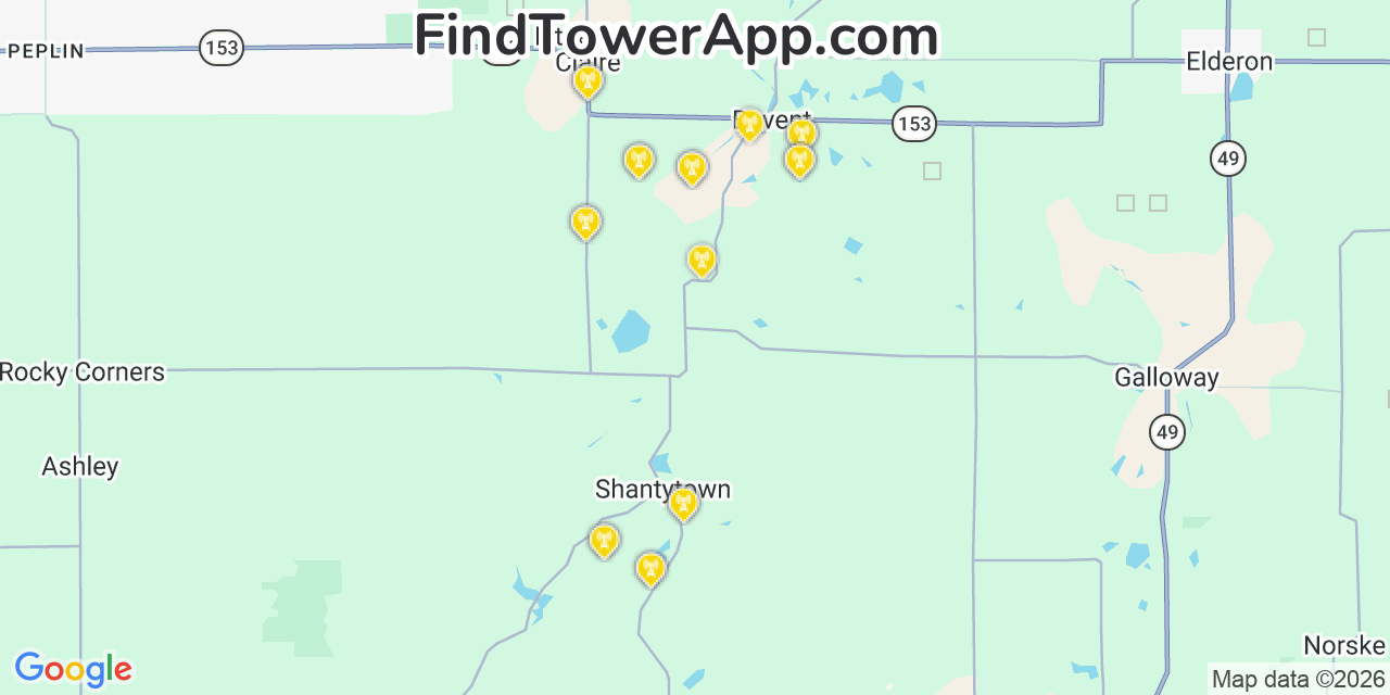 Map showing the 20 primary cell tower locations detected in Bevent, Wisconsin from AT&T, Verizon, and T-Mobile networks
