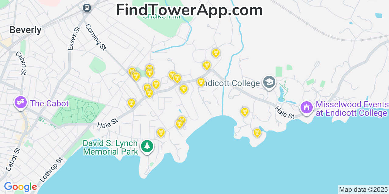 Map showing the 20 primary cell tower locations detected in Beverly Cove, Massachusetts from AT&T, Verizon, and T-Mobile networks