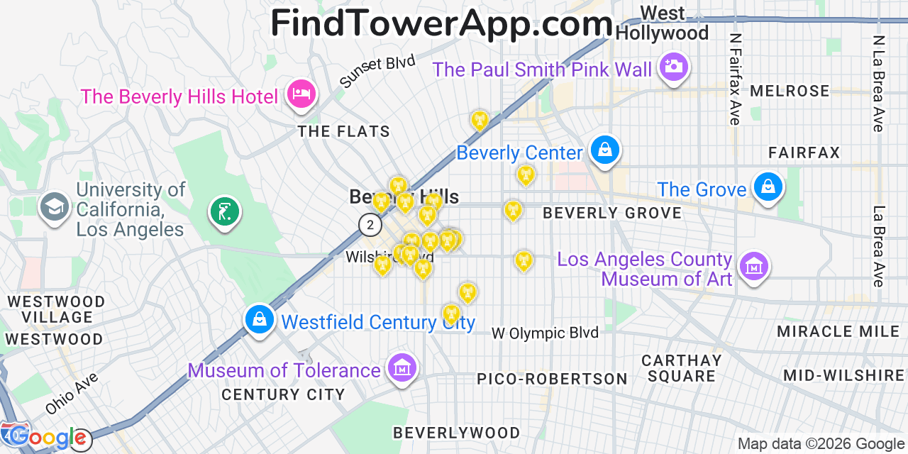 Map showing the 20 primary cell tower locations detected in Beverly Hills, California from AT&T, Verizon, and T-Mobile networks