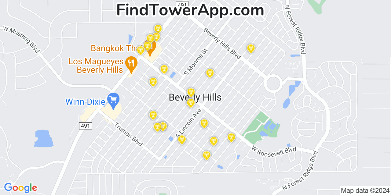 AT&T 4G/5G cell tower coverage map Beverly Hills, Florida