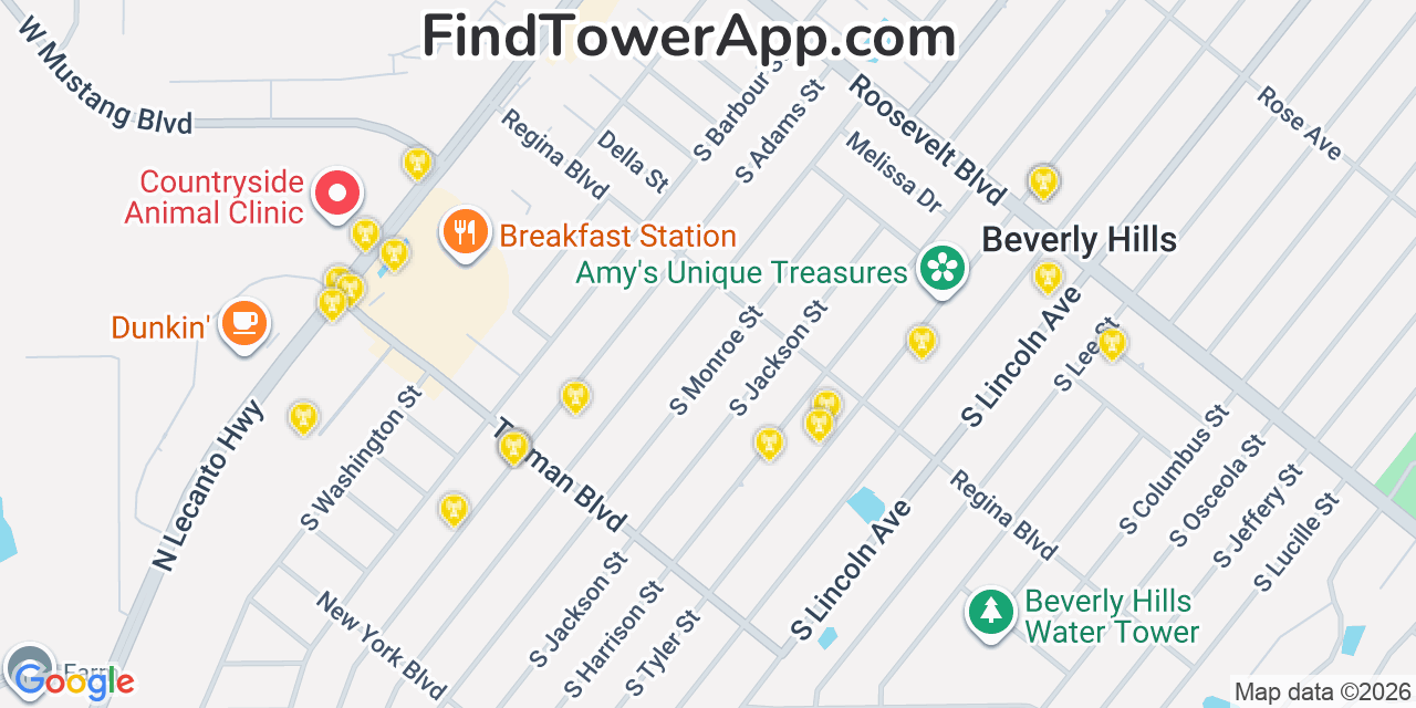 Map showing the 20 primary cell tower locations detected in Beverly Hills, Florida from AT&T, Verizon, and T-Mobile networks