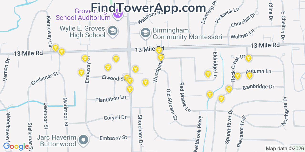 Map showing the 20 primary cell tower locations detected in Beverly Hills, Michigan from AT&T, Verizon, and T-Mobile networks