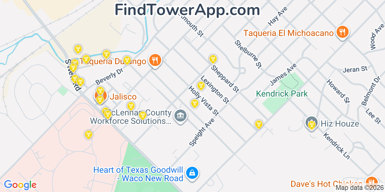 Map showing the 20 primary cell tower locations detected in Beverly Hills, Texas from AT&T, Verizon, and T-Mobile networks