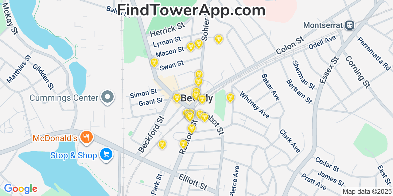 Map showing the 20 primary cell tower locations detected in Beverly, Massachusetts from AT&T, Verizon, and T-Mobile networks