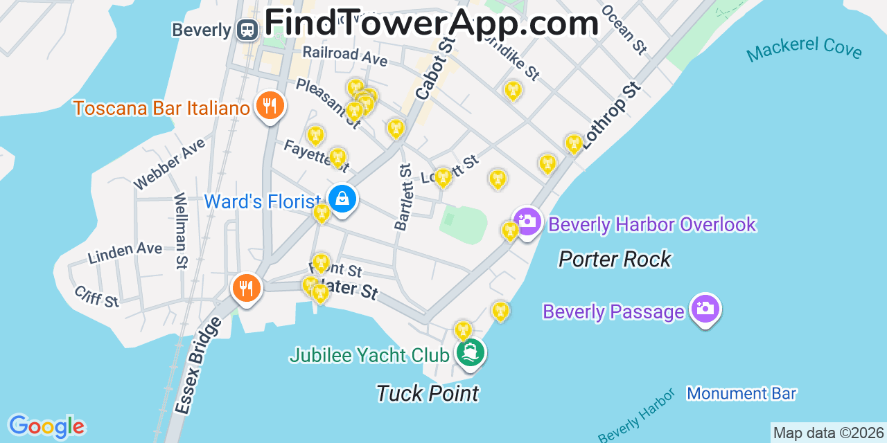 Map showing the 20 primary cell tower locations detected in Beverly, Massachusetts from AT&T, Verizon, and T-Mobile networks