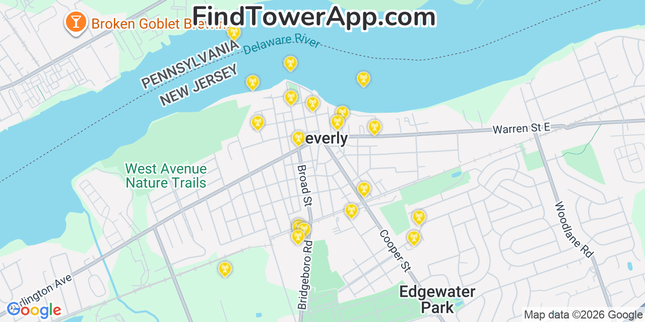 Map showing the 20 primary cell tower locations detected in Beverly, New Jersey from AT&T, Verizon, and T-Mobile networks