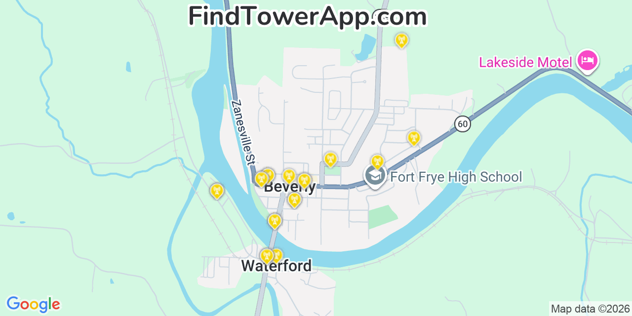 Map showing the 20 primary cell tower locations detected in Beverly, Ohio from AT&T, Verizon, and T-Mobile networks