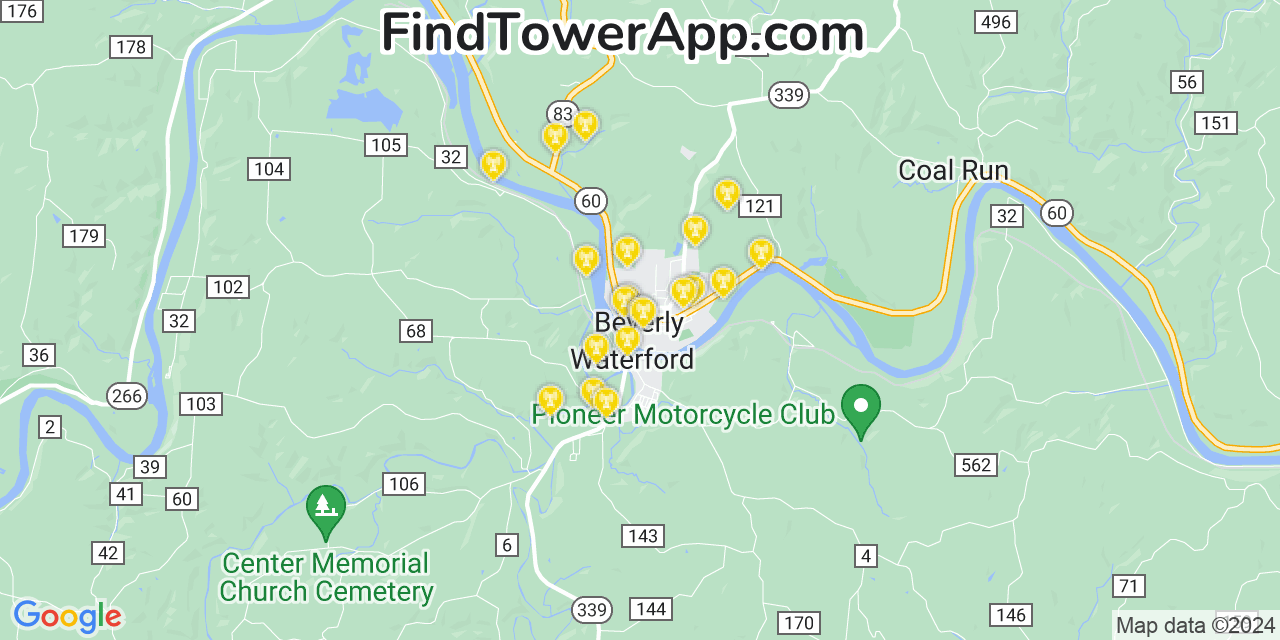 Verizon 4G/5G cell tower coverage map Beverly, Ohio