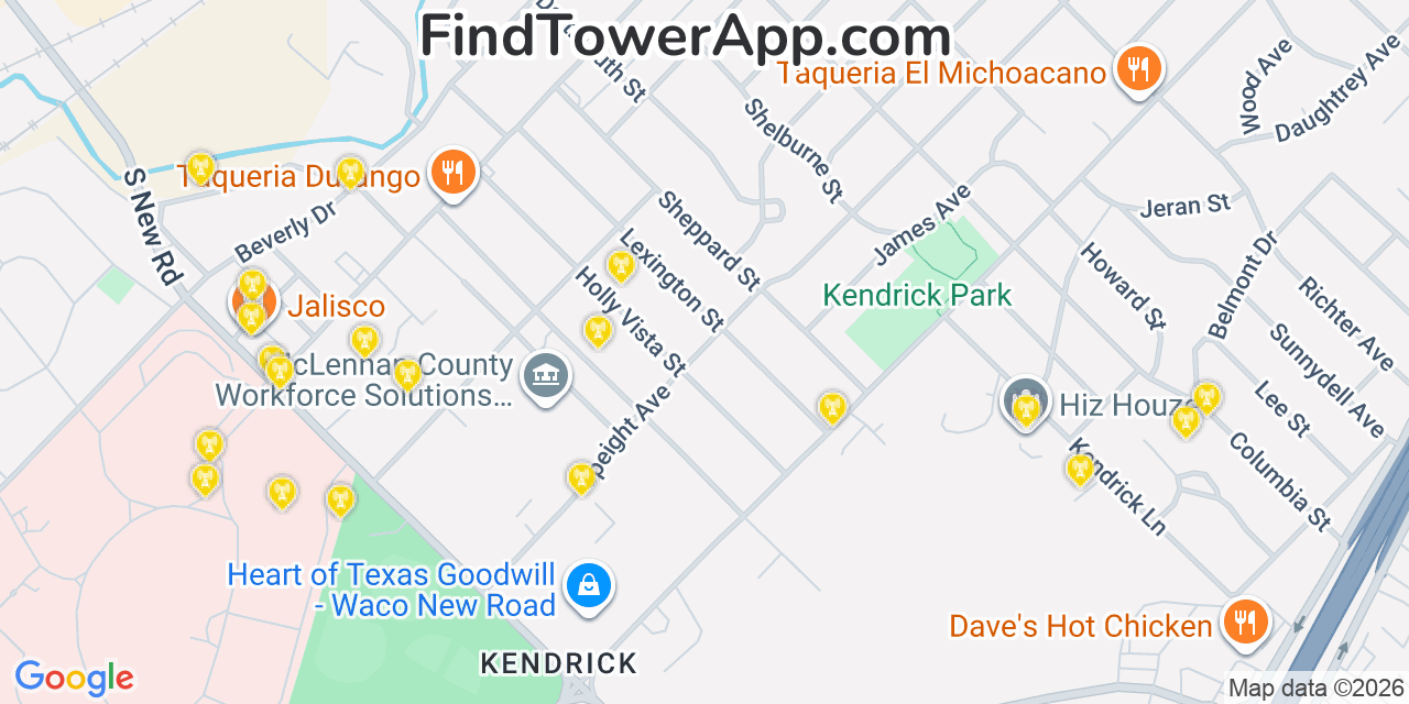 Map showing the 20 primary cell tower locations detected in Beverly, Texas from AT&T, Verizon, and T-Mobile networks