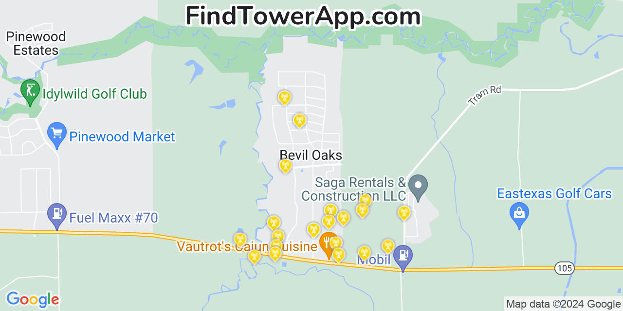 AT&T 4G/5G cell tower coverage map Bevil Oaks, Texas