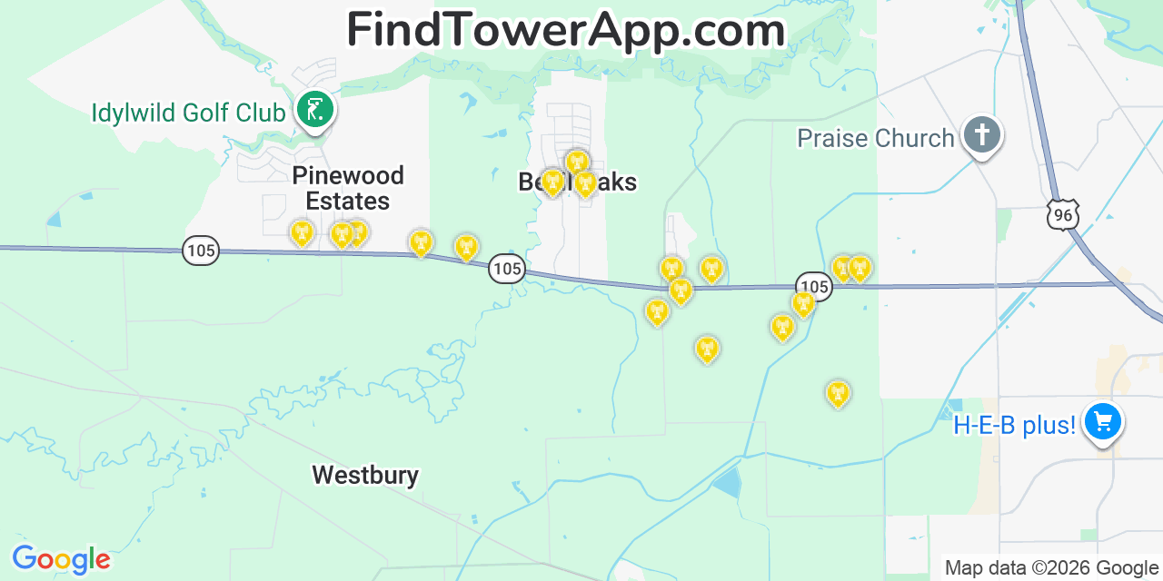 Map showing the 20 primary cell tower locations detected in Bevil Oaks, Texas from AT&T, Verizon, and T-Mobile networks