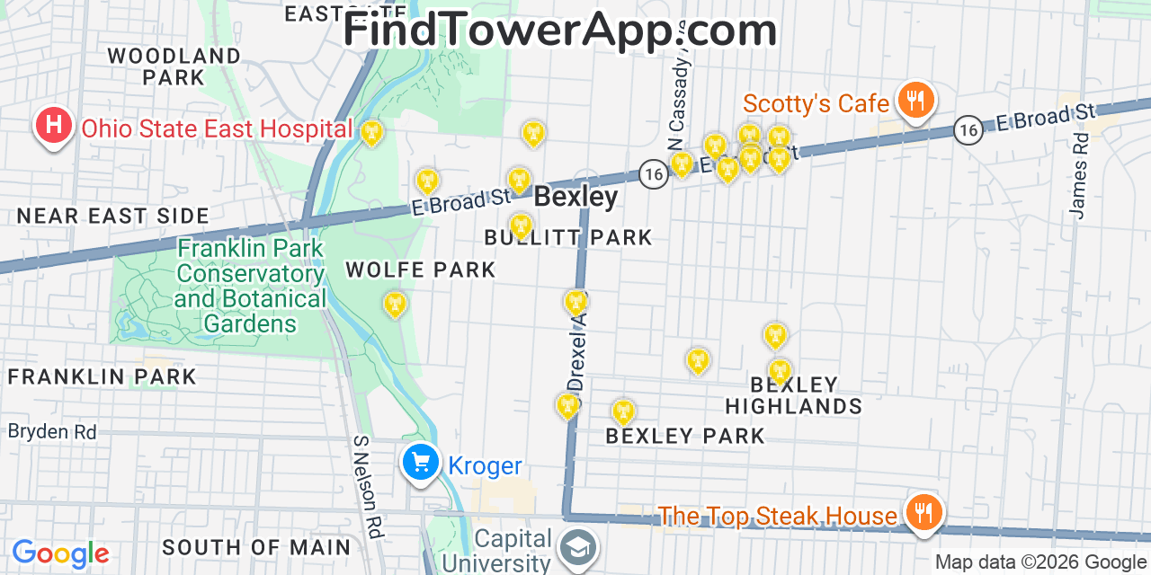 Map showing the 20 primary cell tower locations detected in Bexley, Ohio from AT&T, Verizon, and T-Mobile networks