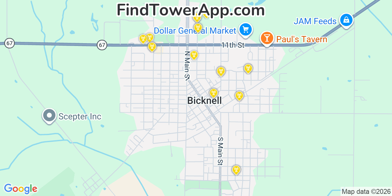 Map showing the 20 primary cell tower locations detected in Bicknell, Indiana from AT&T, Verizon, and T-Mobile networks