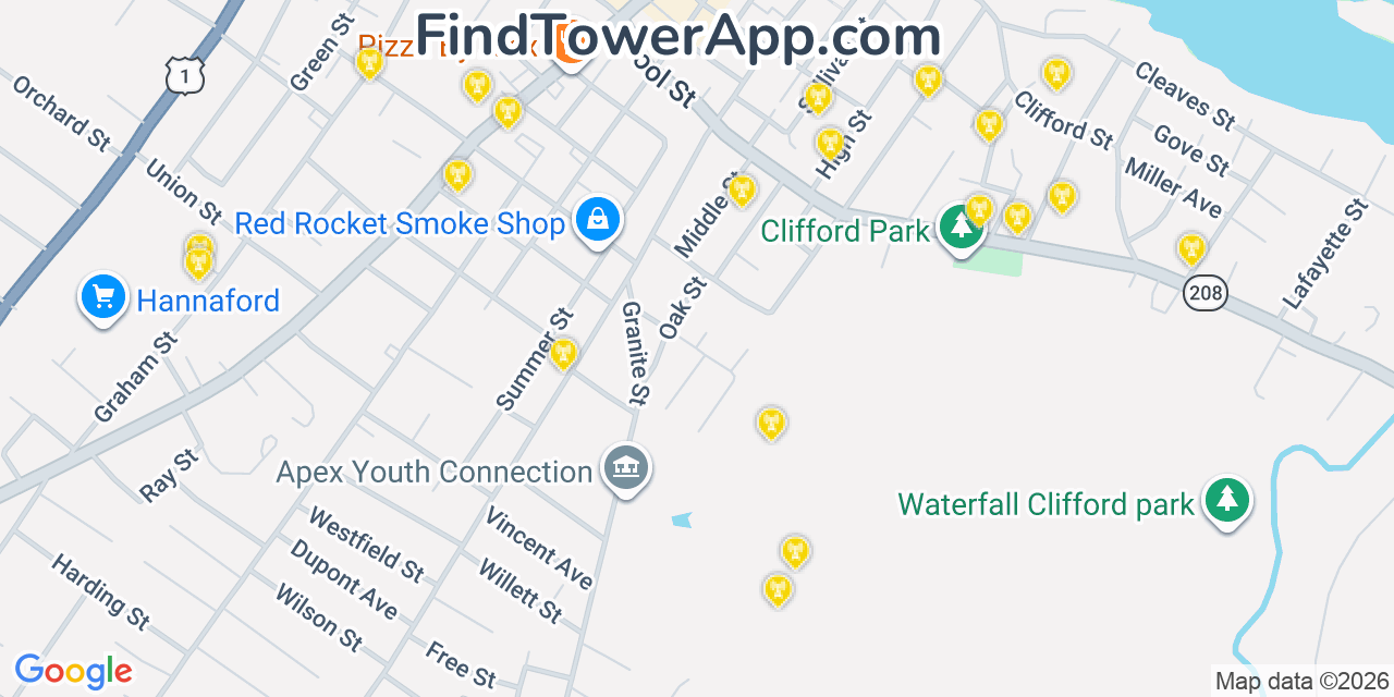 Map showing the 20 primary cell tower locations detected in Biddeford, Maine from AT&T, Verizon, and T-Mobile networks