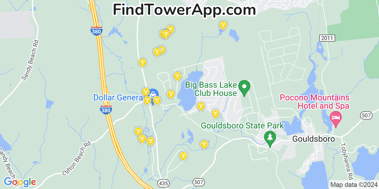 AT&T 4G/5G cell tower coverage map Big Bass Lake, Pennsylvania