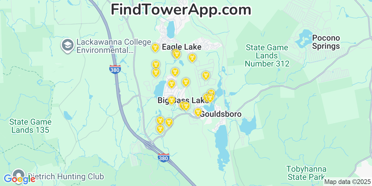 Map showing the 20 primary cell tower locations detected in Big Bass Lake, Pennsylvania from AT&T, Verizon, and T-Mobile networks