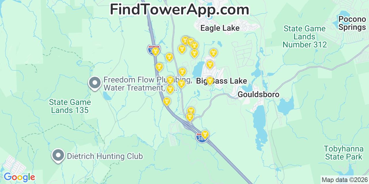 Map showing the 20 primary cell tower locations detected in Big Bass Lake, Pennsylvania from AT&T, Verizon, and T-Mobile networks