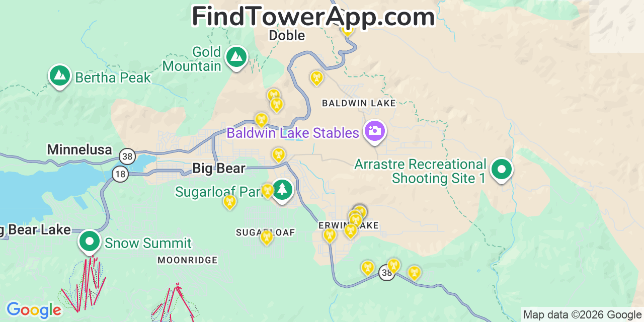 Map showing the 20 primary cell tower locations detected in Big Bear City, California from AT&T, Verizon, and T-Mobile networks