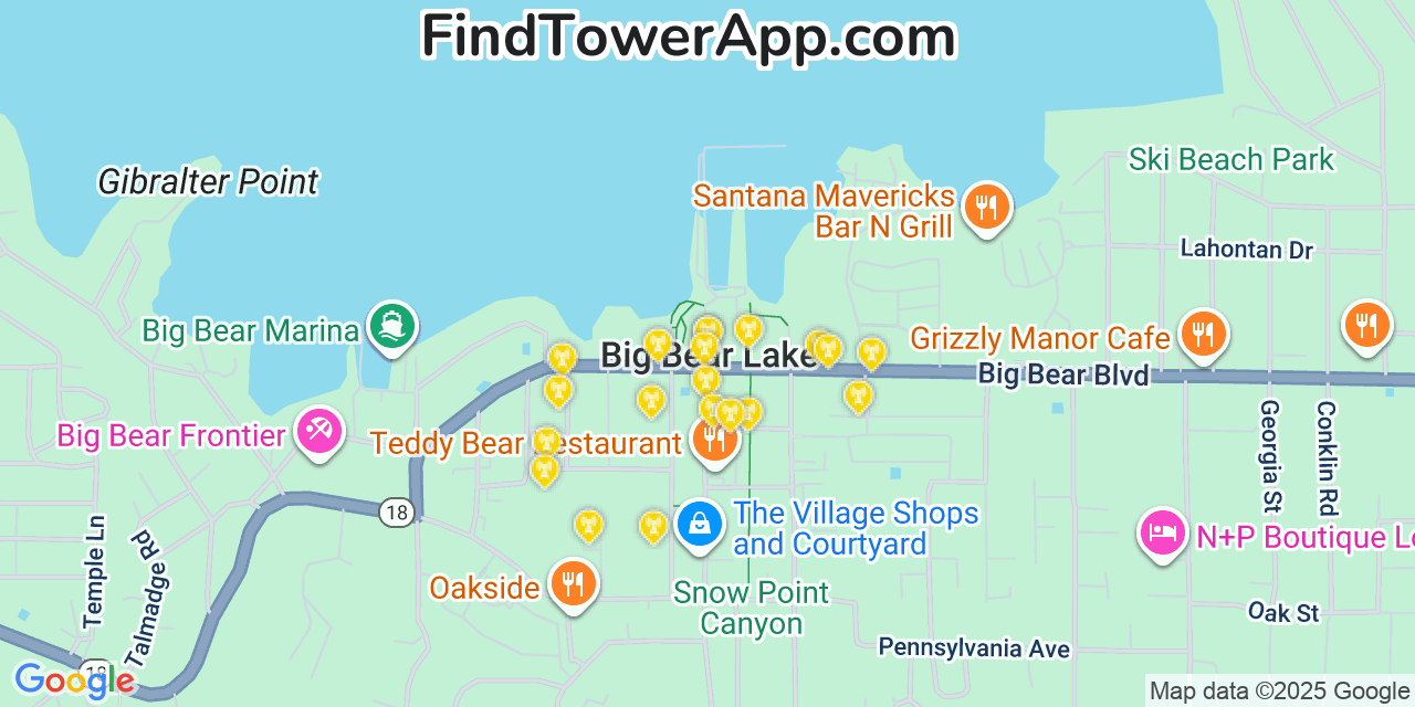 Map showing the 20 primary cell tower locations detected in Big Bear Lake, California from AT&T, Verizon, and T-Mobile networks