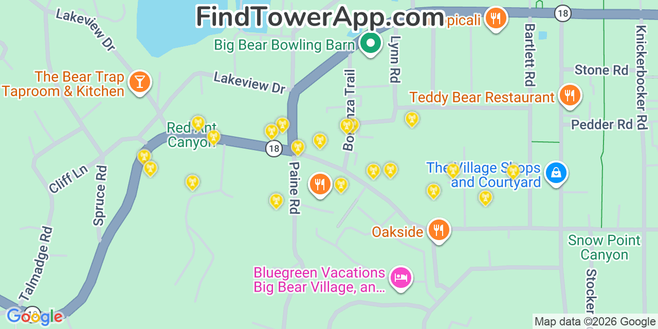 Map showing the 20 primary cell tower locations detected in Big Bear Lake, California from AT&T, Verizon, and T-Mobile networks