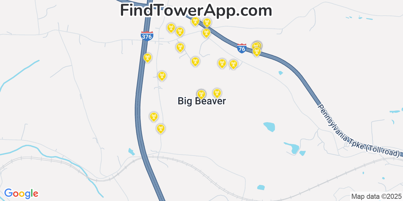 Map showing the 20 primary cell tower locations detected in Big Beaver, Pennsylvania from AT&T, Verizon, and T-Mobile networks