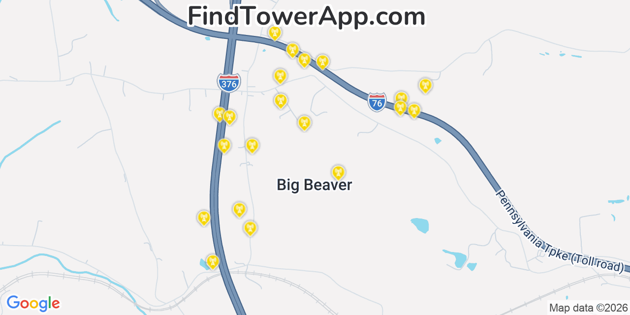 Map showing the 20 primary cell tower locations detected in Big Beaver, Pennsylvania from AT&T, Verizon, and T-Mobile networks