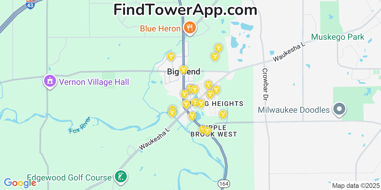 Map showing the 20 primary cell tower locations detected in Big Bend, Wisconsin from AT&T, Verizon, and T-Mobile networks