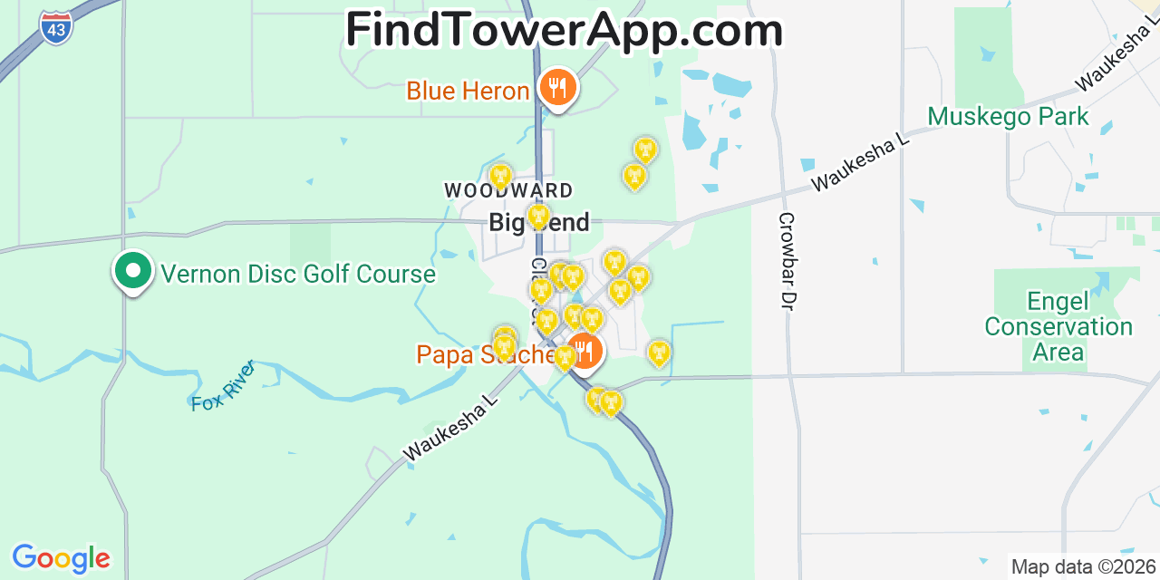 Map showing the 20 primary cell tower locations detected in Big Bend, Wisconsin from AT&T, Verizon, and T-Mobile networks