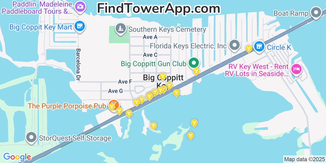 Map showing the 20 primary cell tower locations detected in Big Coppitt Key, Florida from AT&T, Verizon, and T-Mobile networks
