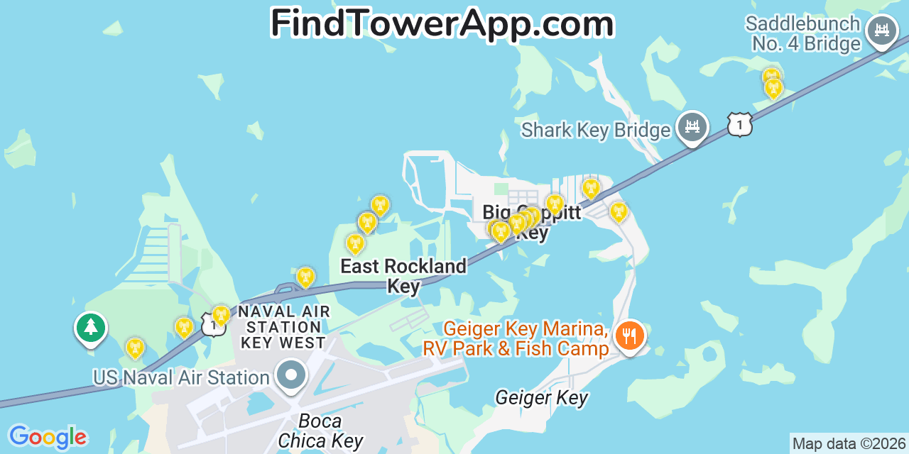 Map showing the 20 primary cell tower locations detected in Big Coppitt Key, Florida from AT&T, Verizon, and T-Mobile networks