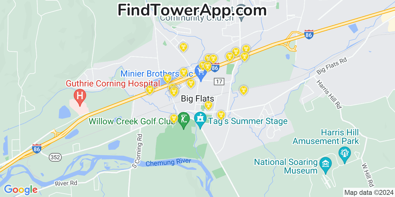 AT&T 4G/5G cell tower coverage map Big Flats, New York