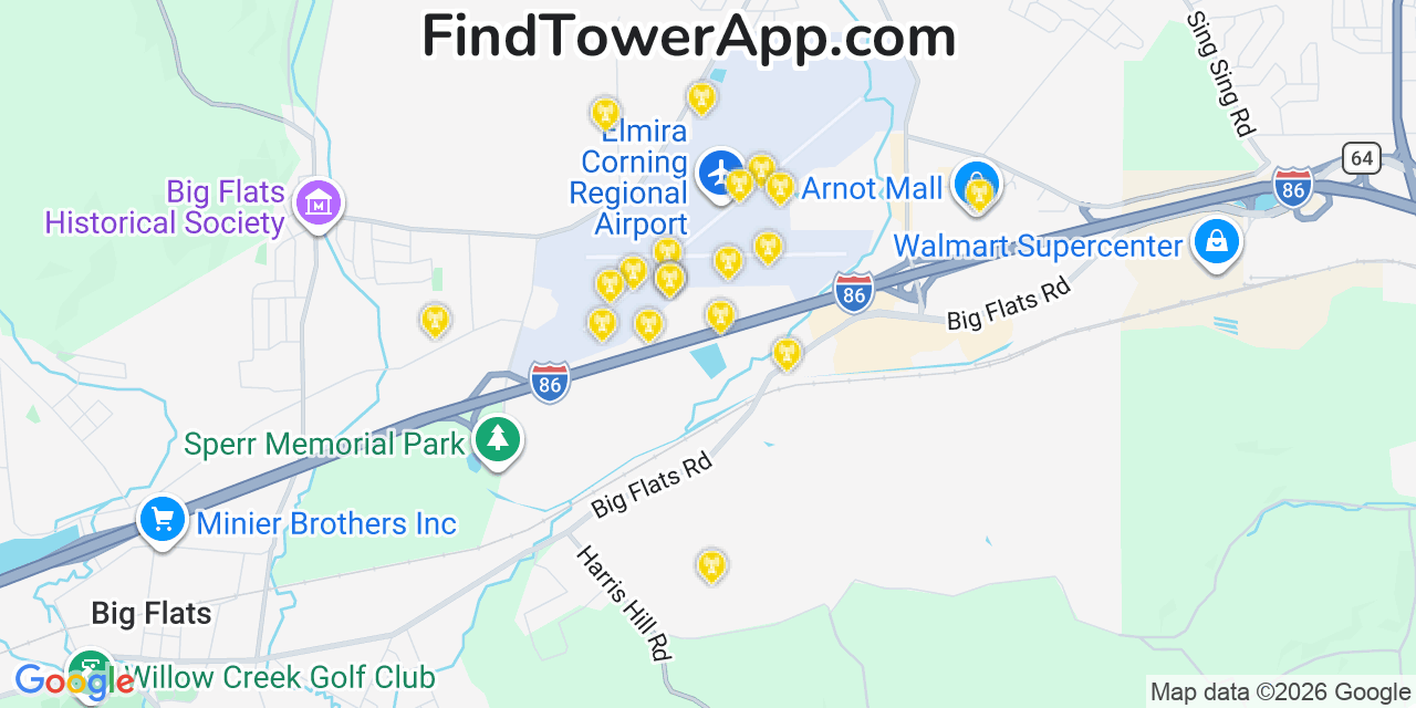 Map showing the 20 primary cell tower locations detected in Big Flats, New York from AT&T, Verizon, and T-Mobile networks
