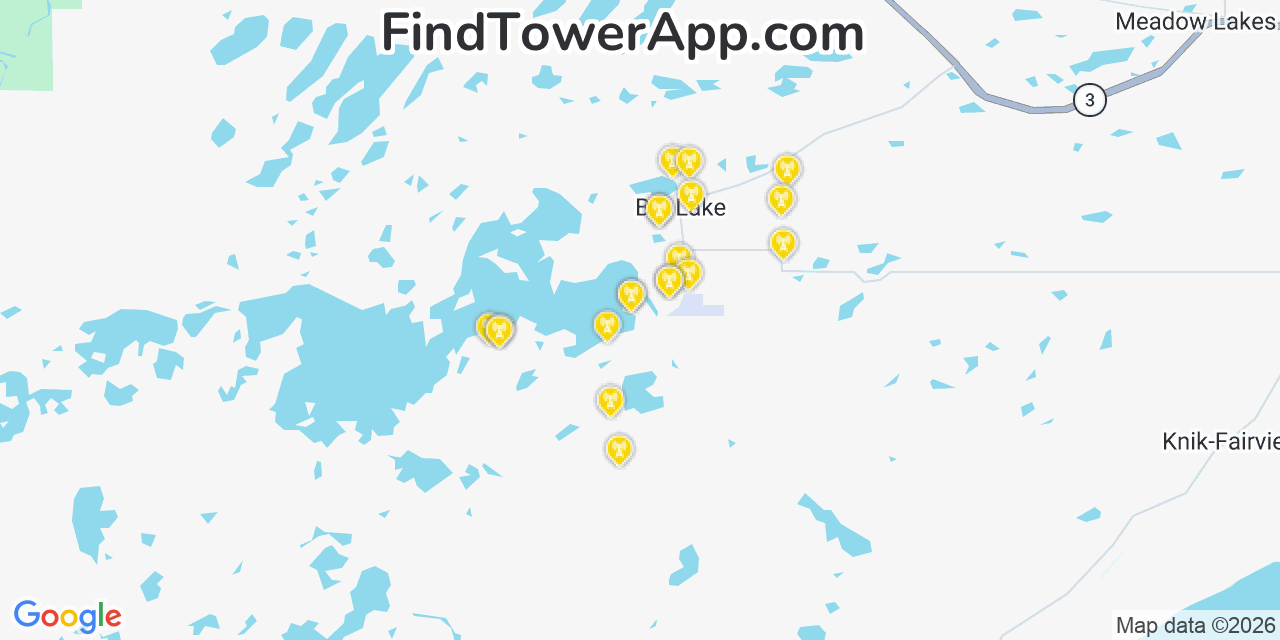 Map showing the 20 primary cell tower locations detected in Big Lake, Alaska from AT&T, Verizon, and T-Mobile networks