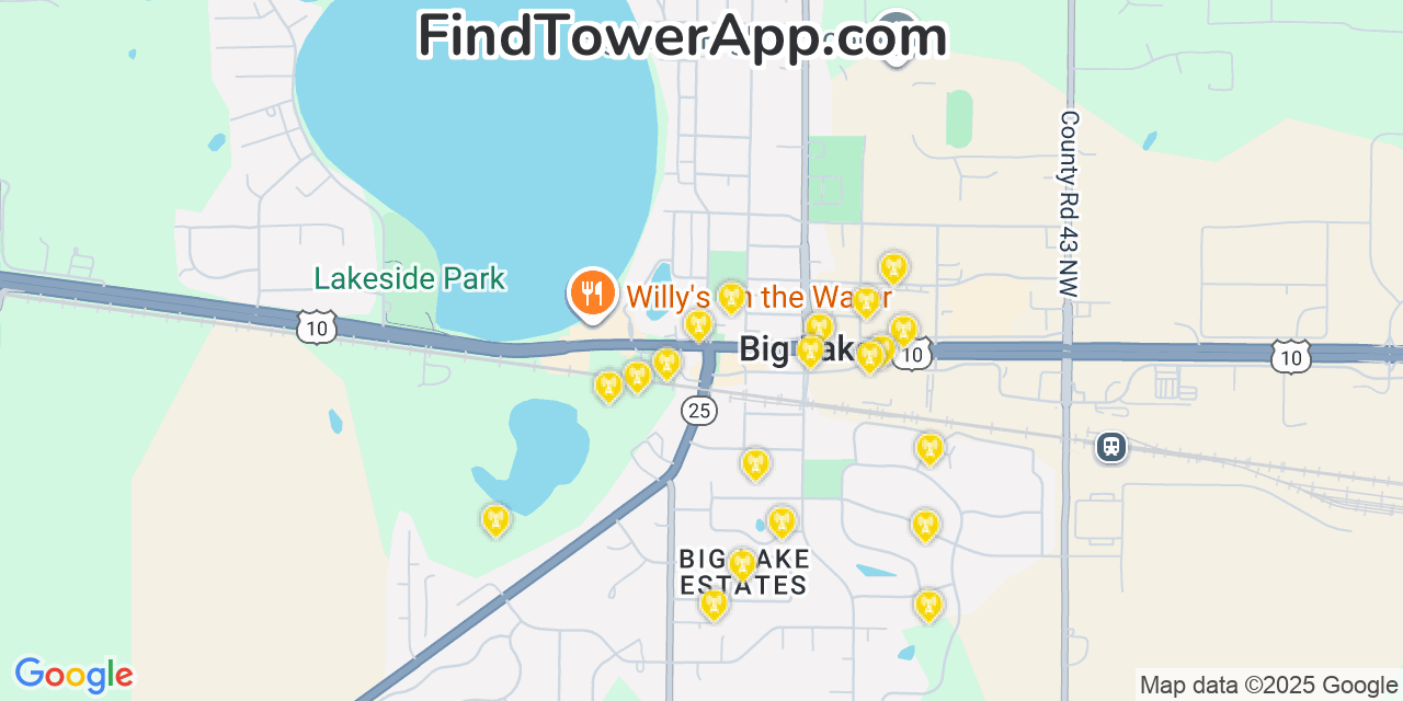 Map showing the 20 primary cell tower locations detected in Big Lake, Minnesota from AT&T, Verizon, and T-Mobile networks