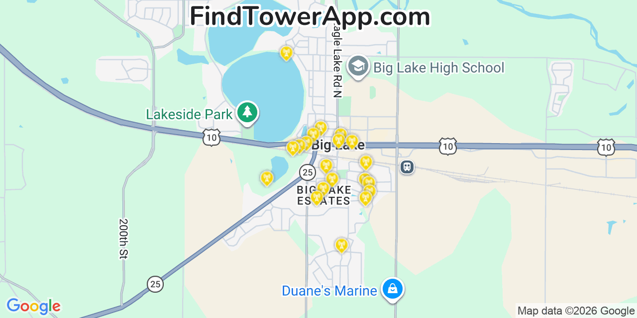 Map showing the 20 primary cell tower locations detected in Big Lake, Minnesota from AT&T, Verizon, and T-Mobile networks