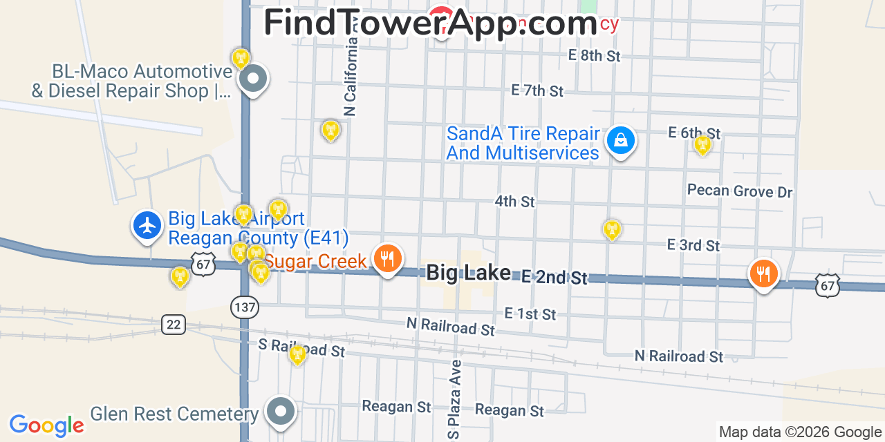 Map showing the 20 primary cell tower locations detected in Big Lake, Texas from AT&T, Verizon, and T-Mobile networks