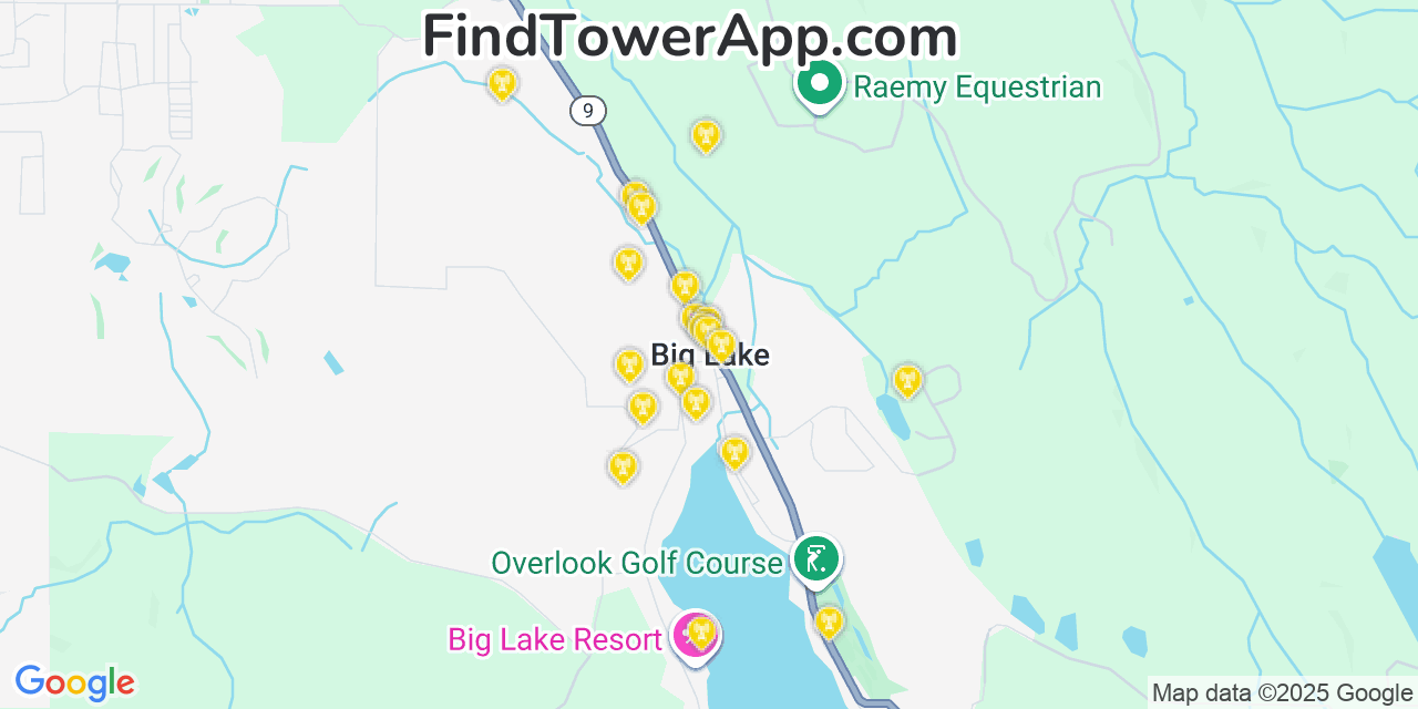Map showing the 20 primary cell tower locations detected in Big Lake, Washington from AT&T, Verizon, and T-Mobile networks