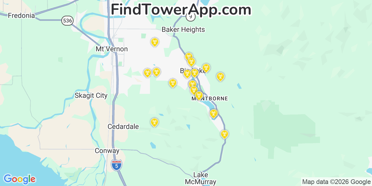Map showing the 20 primary cell tower locations detected in Big Lake, Washington from AT&T, Verizon, and T-Mobile networks
