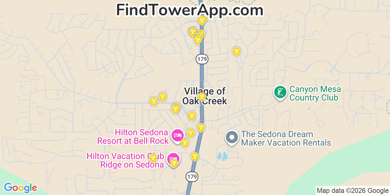 Map showing the 20 primary cell tower locations detected in Big Park, Arizona from AT&T, Verizon, and T-Mobile networks