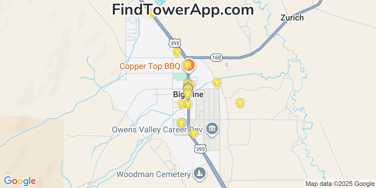 Map showing the 20 primary cell tower locations detected in Big Pine, California from AT&T, Verizon, and T-Mobile networks