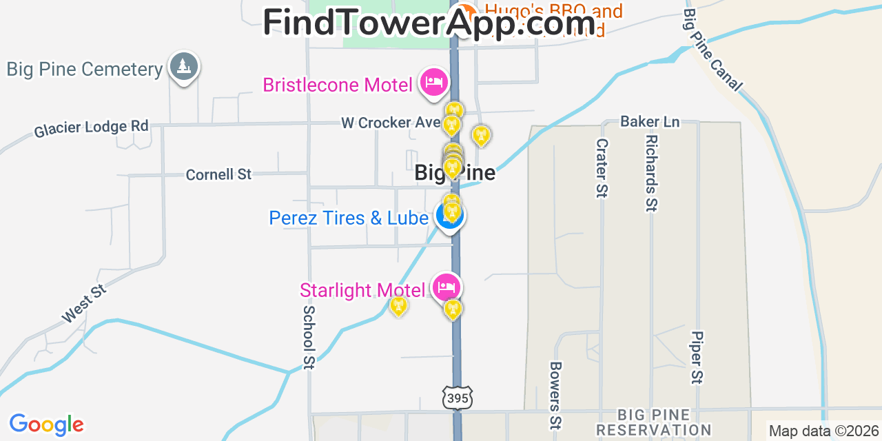Map showing the 20 primary cell tower locations detected in Big Pine, California from AT&T, Verizon, and T-Mobile networks
