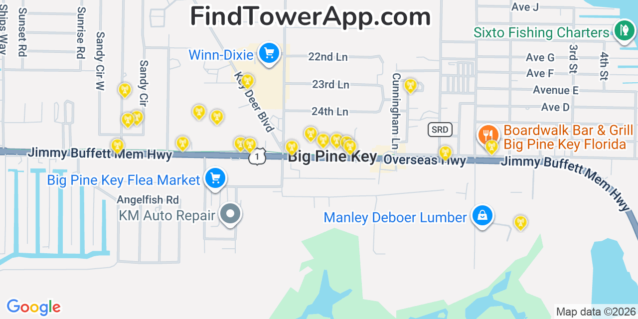 Map showing the 20 primary cell tower locations detected in Big Pine Key, Florida from AT&T, Verizon, and T-Mobile networks