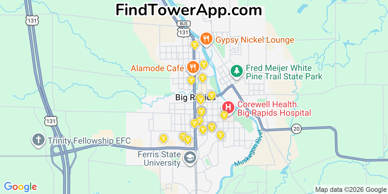 Map showing the 20 primary cell tower locations detected in Big Rapids, Michigan from AT&T, Verizon, and T-Mobile networks
