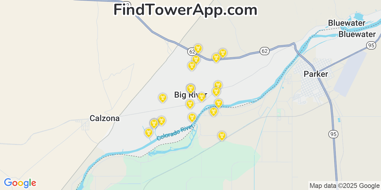 Map showing the 20 primary cell tower locations detected in Big River, California from AT&T, Verizon, and T-Mobile networks