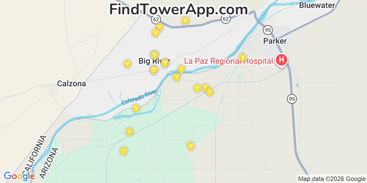 Map showing the 20 primary cell tower locations detected in Big River, California from AT&T, Verizon, and T-Mobile networks