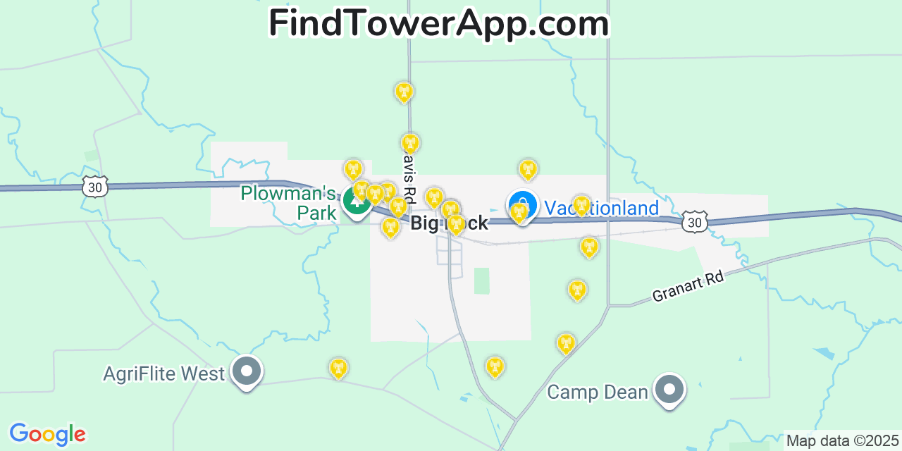 Map showing the 20 primary cell tower locations detected in Big Rock, Illinois from AT&T, Verizon, and T-Mobile networks