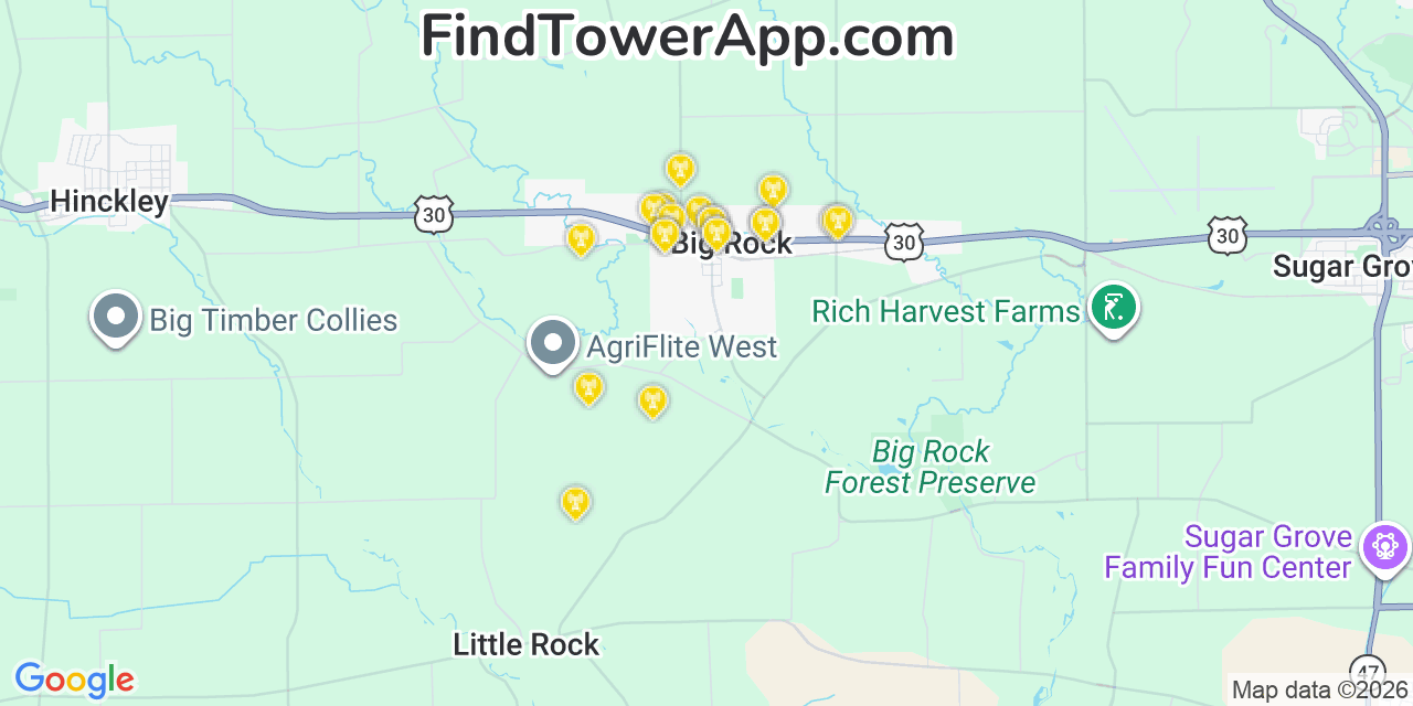 Map showing the 20 primary cell tower locations detected in Big Rock, Illinois from AT&T, Verizon, and T-Mobile networks