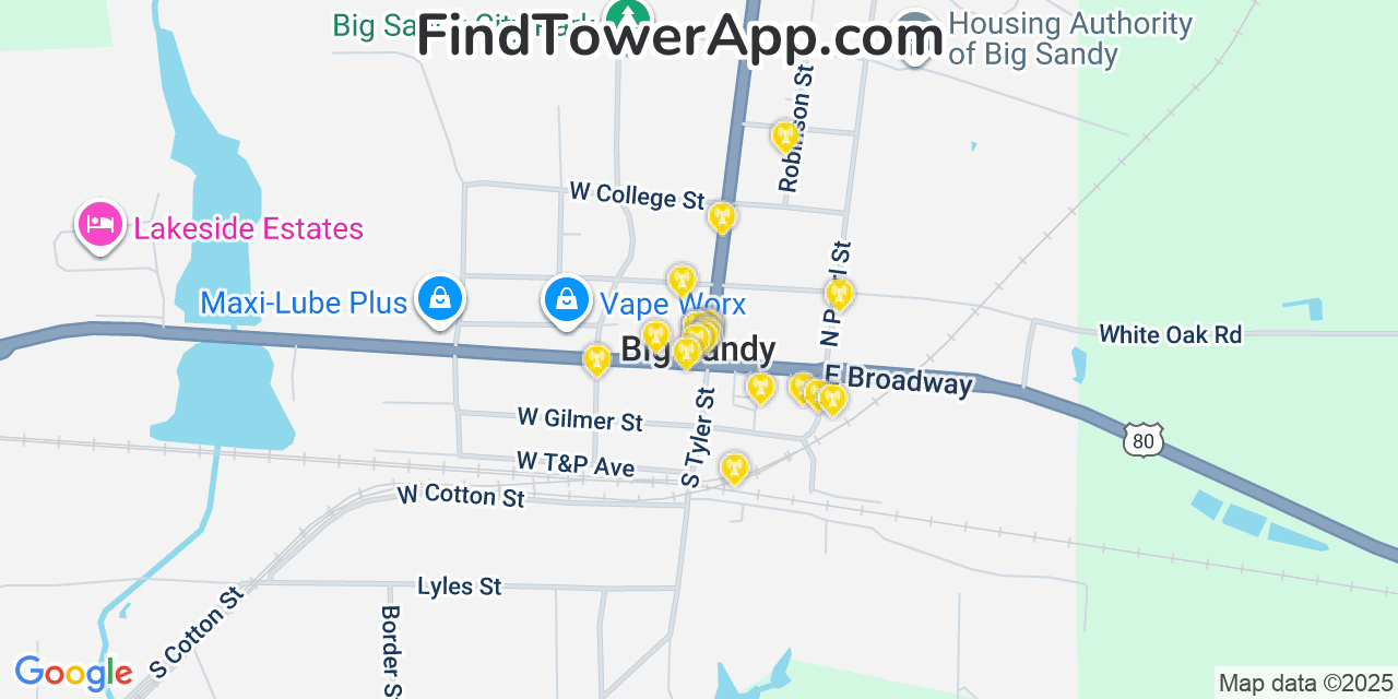 Map showing the 20 primary cell tower locations detected in Big Sandy, Texas from AT&T, Verizon, and T-Mobile networks