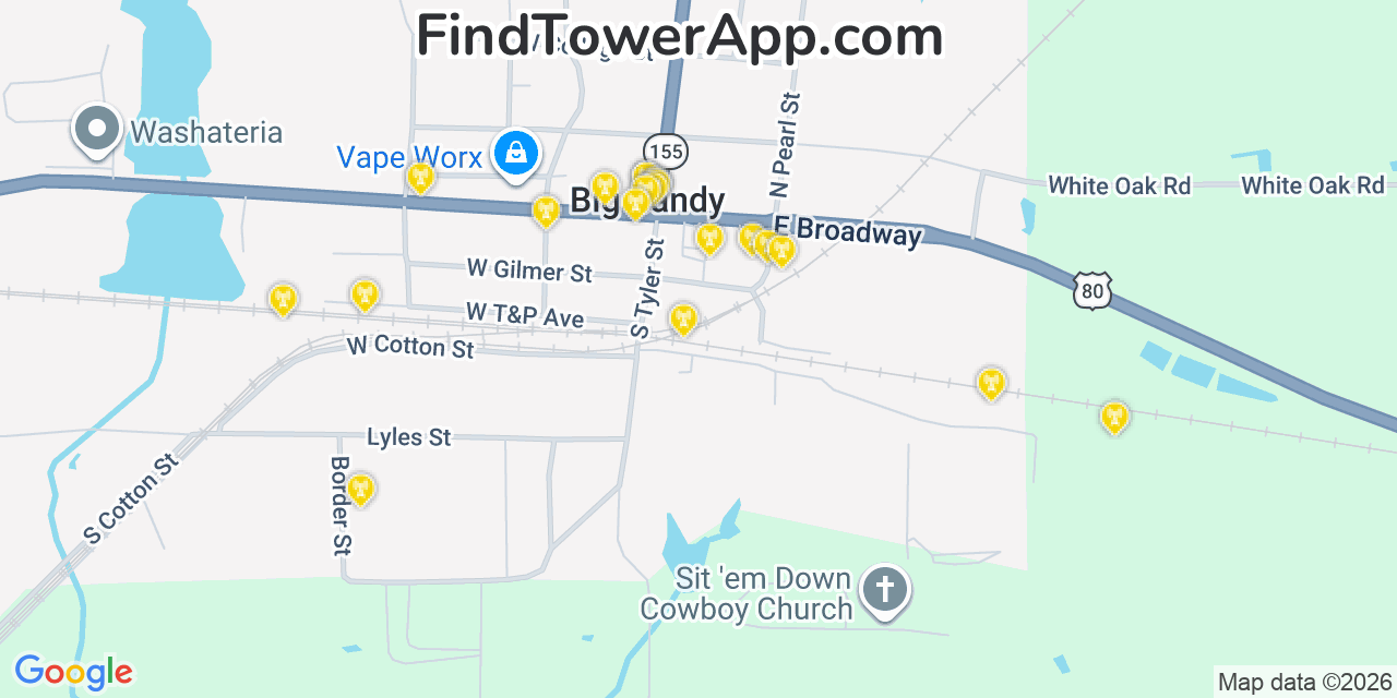 Map showing the 20 primary cell tower locations detected in Big Sandy, Texas from AT&T, Verizon, and T-Mobile networks
